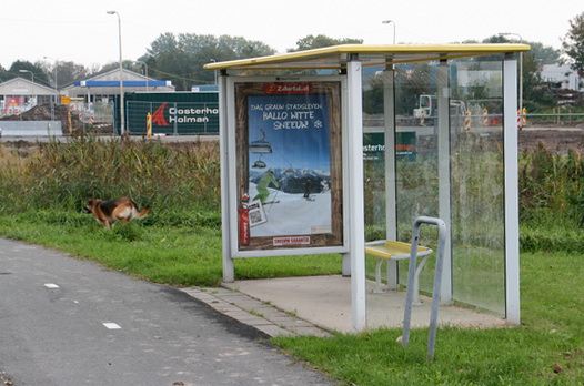 De abri (met reclamefunctie...) bij de N355 staat er tamelijk verloren bij... Bussen komen er nog wel langs, volgens de dienstregeling. Alhoewel, bússen.... Alleen maar met het opschrift: BUITEN DIENST